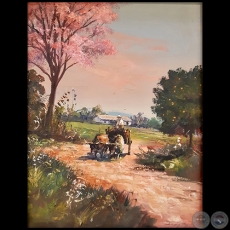 Paisaje con carreta y lapacho rosado - Obra de Juan Guerra Gaja